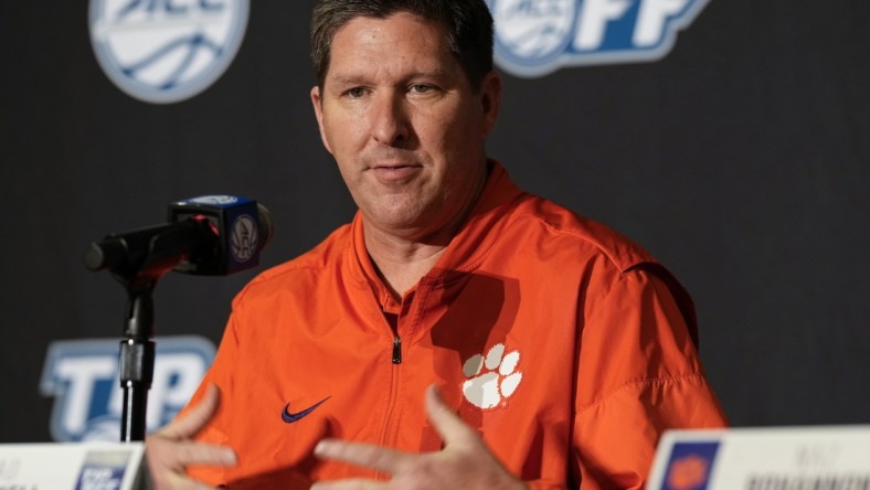 Oct 12, 2021; Charlotte, NC, USA; Clemson Tigers head coach Brad Brownell speaks to the media at the ACC Tip Off at Charlotte Marriott City Center. Mandatory Credit: Jim Dedmon-USA TODAY Sports