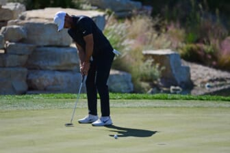 Oct 14, 2021; Las Vegas, Nevada, USA; Brooks Koepka putts on the sixth green during the first round of the CJ Cup golf tournament. Mandatory Credit: Joe Camporeale-USA TODAY Sports
