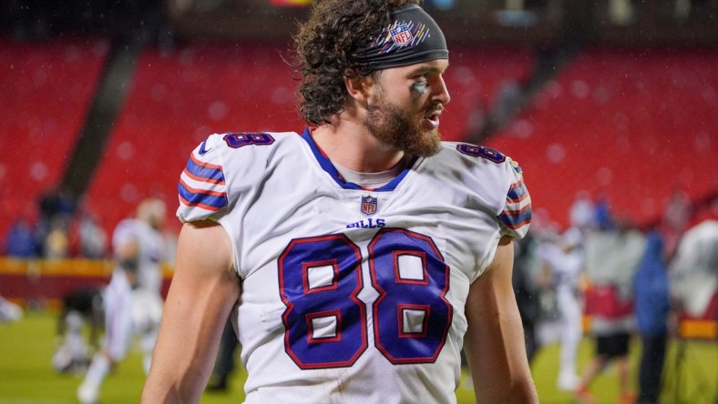 Oct 10, 2021; Kansas City, Missouri, USA; Buffalo Bills tight end Dawson Knox (88) leaves the field against the Kansas City Chiefs after the game at GEHA Field at Arrowhead Stadium. Mandatory Credit: Denny Medley-USA TODAY Sports