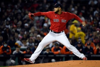 Oct 18, 2021; Boston, Massachusetts, USA; Boston Red Sox starting pitcher Eduardo Rodriguez (57) pitches against the Houston Astros during the second inning of game three of the 2021 ALCS at Fenway Park. Mandatory Credit: Bob DeChiara-USA TODAY Sports