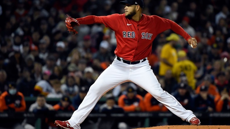 Oct 18, 2021; Boston, Massachusetts, USA; Boston Red Sox starting pitcher Eduardo Rodriguez (57) pitches against the Houston Astros during the second inning of game three of the 2021 ALCS at Fenway Park. Mandatory Credit: Bob DeChiara-USA TODAY Sports