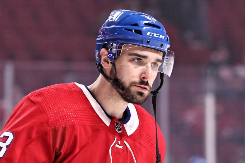 Oct 19, 2021; Montreal, Quebec, CAN; Montreal Canadiens center Cedric Paquette (13) during the warm-up session before the game against San Jose Sharks at Bell Centre. Mandatory Credit: Jean-Yves Ahern-USA TODAY Sports