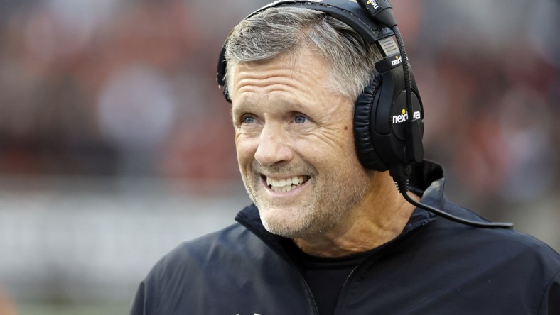 Oct 23, 2021; Corvallis, Oregon, USA; Utah Utes head coach Kyle Whittingham looks onto the field during the first half against the Oregon State Beavers at Reser Stadium. Mandatory Credit: Soobum Im-USA TODAY Sports