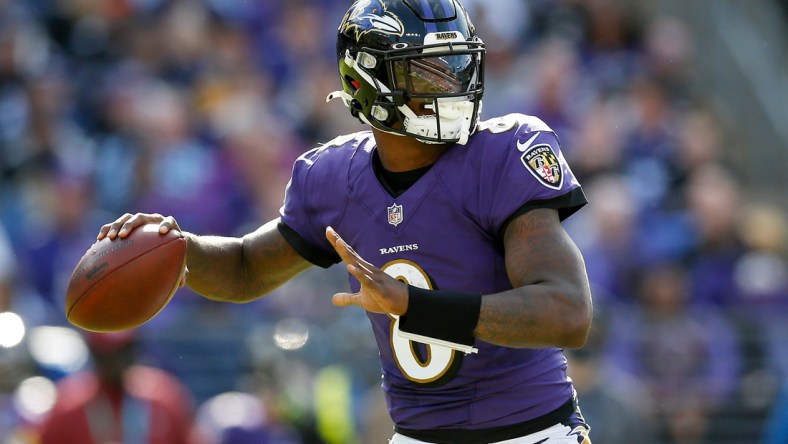 Baltimore Ravens quarterback Lamar Jackson (8) throws a pass in the second quarter of the NFL Week 7 game between the Baltimore Ravens and the Cincinnati Bengals at M&T Bank Stadium in Baltimore on Sunday, Oct. 24, 2021. The Bengals led 13-10 at halftime.

Cincinnati Bengals At Baltimore Ravens Week 7