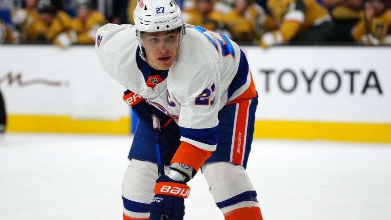 Oct 24, 2021; Las Vegas, Nevada, USA;  New York Islanders center Anders Lee (27) during the game against the Vegas Golden Knights at T-Mobile Arena. Mandatory Credit: Kirby Lee-USA TODAY Sports