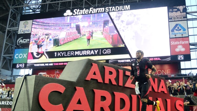 Oct 28, 2021; Glendale, Arizona, USA; Arizona Cardinals quarterback Kyler Murray (1) is introduced prior the first half against the Green Bay Packers at State Farm Stadium. Mandatory Credit: Joe Camporeale-USA TODAY Sports