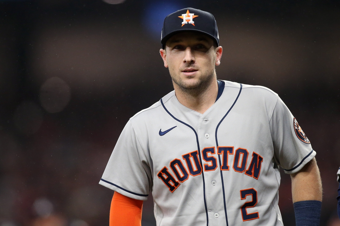 Oct 29, 2021; Atlanta, Georgia, USA; Houston Astros third baseman Alex Bregman (2) during introductions prior to game three of the 2021 World Series against the Atlanta Braves at Truist Park. Mandatory Credit: Brett Davis-USA TODAY Sports