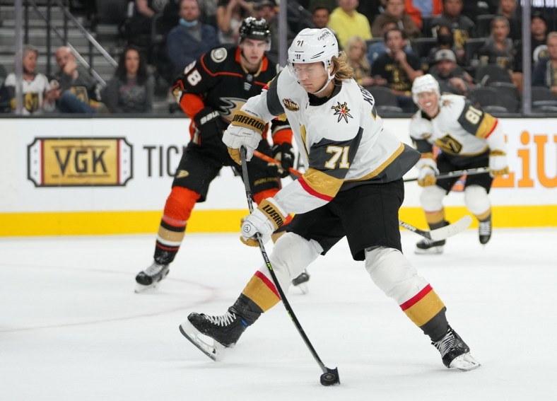 Oct 29, 2021; Las Vegas, Nevada, USA; Vegas Golden Knights center William Karlsson (71) shoots during the second period against the Anaheim Ducks at T-Mobile Arena. Mandatory Credit: Stephen R. Sylvanie-USA TODAY Sports