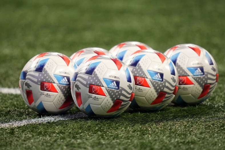 Oct 30, 2021; Atlanta, Georgia, USA; A detailed view of match balls on the pitch prior to the match between Atlanta United FC and Toronto FC at Mercedes-Benz Stadium. Mandatory Credit: Jasen Vinlove-USA TODAY Sports