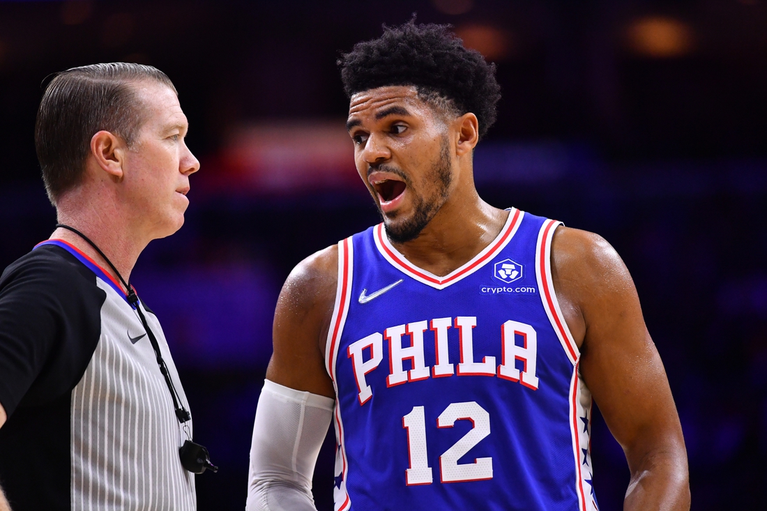 Oct 30, 2021; Philadelphia, Pennsylvania, USA; Philadelphia 76ers forward Tobias Harris (12) reacts to a foul call in the second quarter against the Atlanta Hawks at Wells Fargo Center. Mandatory Credit: Kyle Ross-USA TODAY Sports