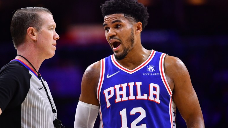 Oct 30, 2021; Philadelphia, Pennsylvania, USA; Philadelphia 76ers forward Tobias Harris (12) reacts to a foul call in the second quarter against the Atlanta Hawks at Wells Fargo Center. Mandatory Credit: Kyle Ross-USA TODAY Sports