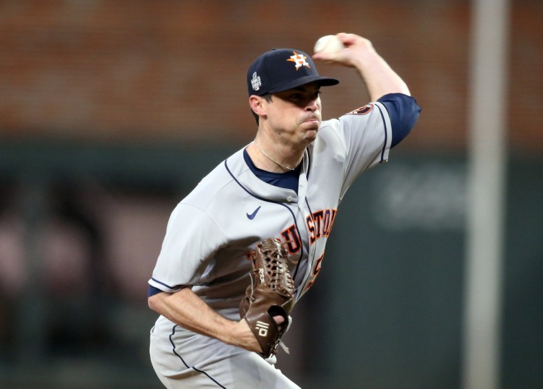 Oct 30, 2021; Atlanta, Georgia, USA; Houston Astros relief pitcher Brooks Raley (58) throws against the Atlanta Braves during the sixth inning of game four of the 2021 World Series at Truist Park. Mandatory Credit: Brett Davis-USA TODAY Sports