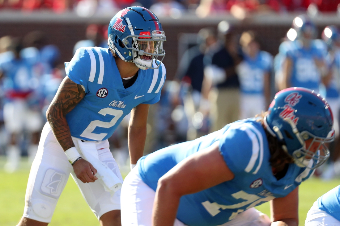 Oct 23, 2021; Oxford, Mississippi, USA; Mississippi Rebels quarterback Matt Corral (2) gives direction prior to the snap during the first half against the LSU Tigers at Vaught-Hemingway Stadium. Mandatory Credit: Petre Thomas-USA TODAY Sports