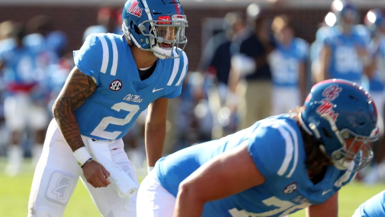 Oct 23, 2021; Oxford, Mississippi, USA; Mississippi Rebels quarterback Matt Corral (2) gives direction prior to the snap during the first half against the LSU Tigers at Vaught-Hemingway Stadium. Mandatory Credit: Petre Thomas-USA TODAY Sports