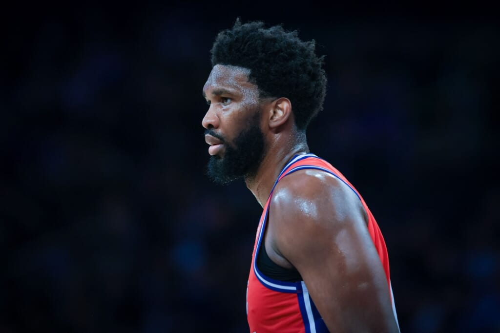 Oct 26, 2021; New York, New York, USA; Philadelphia 76ers center Joel Embiid (21) in action against the New York Knicks during the second half at Madison Square Garden. Mandatory Credit: Vincent Carchietta-USA TODAY Sports
