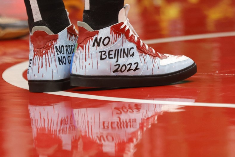 Oct 30, 2021; Washington, District of Columbia, USA; A view of the shoes of Boston Celtics center Enes Kanter (13) against the Washington Wizards at Capital One Arena. Mandatory Credit: Geoff Burke-USA TODAY Sports