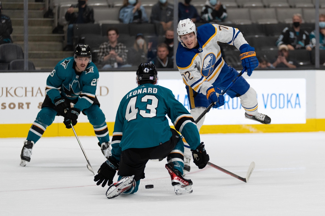 Nov 2, 2021; San Jose, California, USA; Buffalo Sabres right wing Tage Thompson (72) leaps after shooting the puck during the first period against San Jose Sharks left wing John Leonard (43) at SAP Center at San Jose. Mandatory Credit: Stan Szeto-USA TODAY Sports