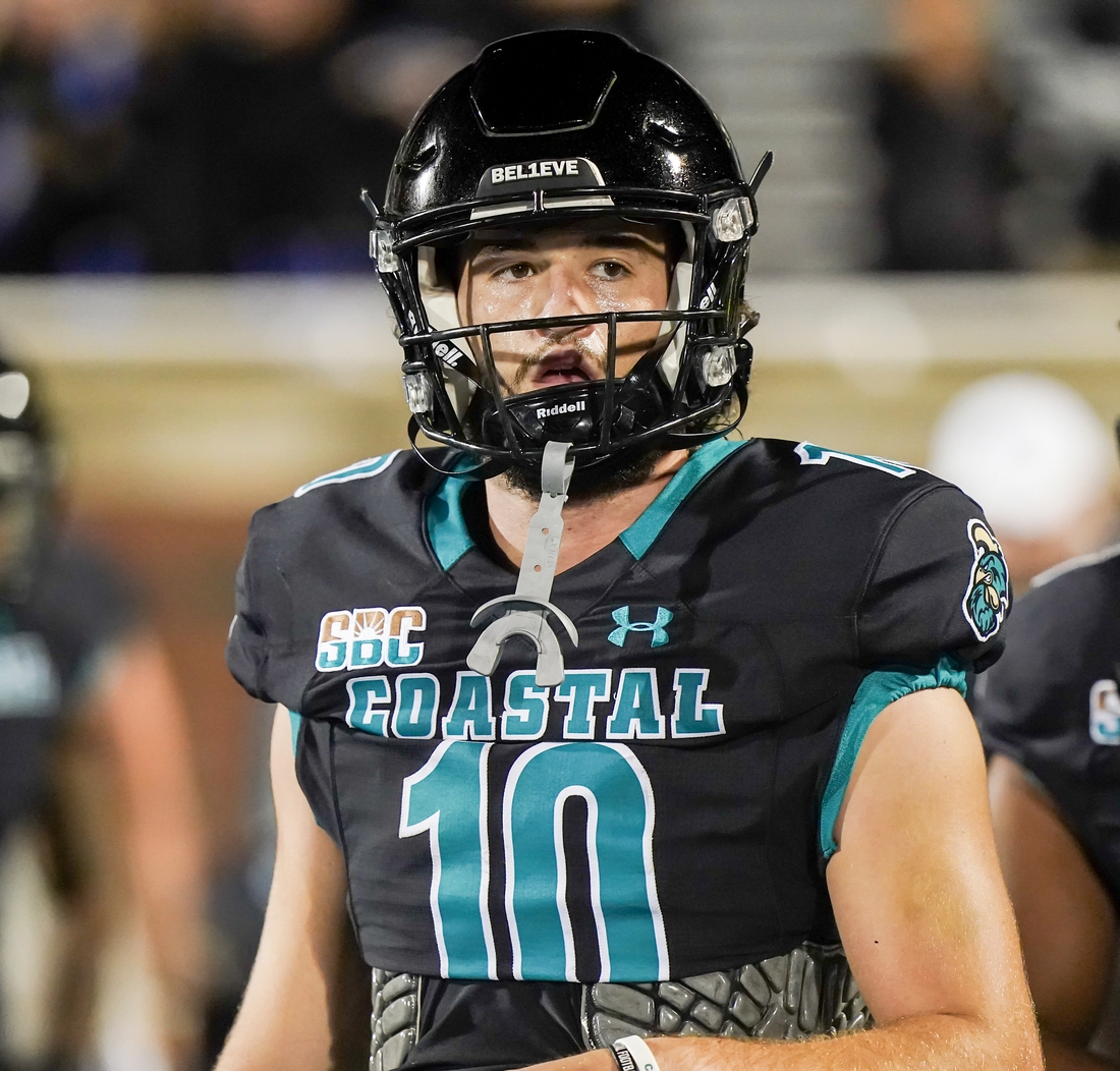 Oct 28, 2021; Conway, South Carolina, USA; Coastal Carolina Chanticleers quarterback Grayson McCall (10) pror to a game against the Troy Trojans at Brooks Stadium. Mandatory Credit: David Yeazell-USA TODAY Sports