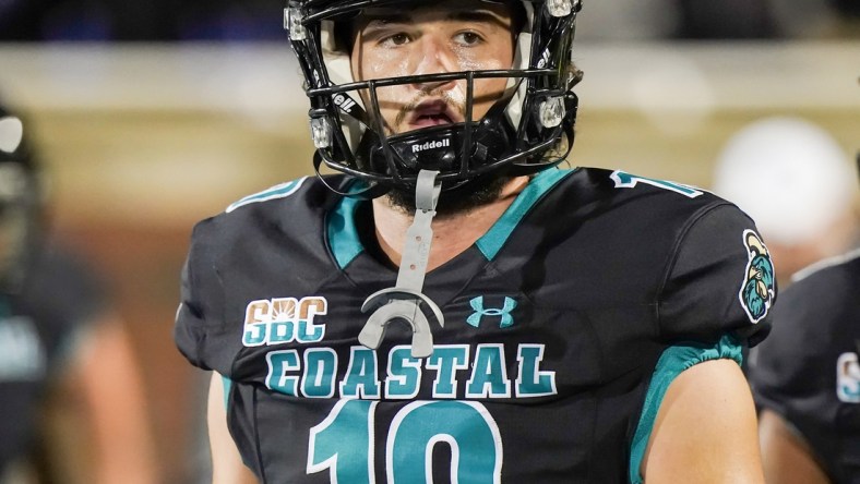 Oct 28, 2021; Conway, South Carolina, USA; Coastal Carolina Chanticleers quarterback Grayson McCall (10) pror to a game against the Troy Trojans at Brooks Stadium. Mandatory Credit: David Yeazell-USA TODAY Sports