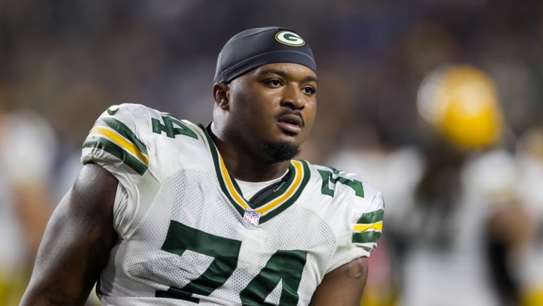 Oct 28, 2021; Glendale, Arizona, USA; Green Bay Packers guard Elgton Jenkins (74) against the Arizona Cardinals at State Farm Stadium. Mandatory Credit: Mark J. Rebilas-USA TODAY Sports