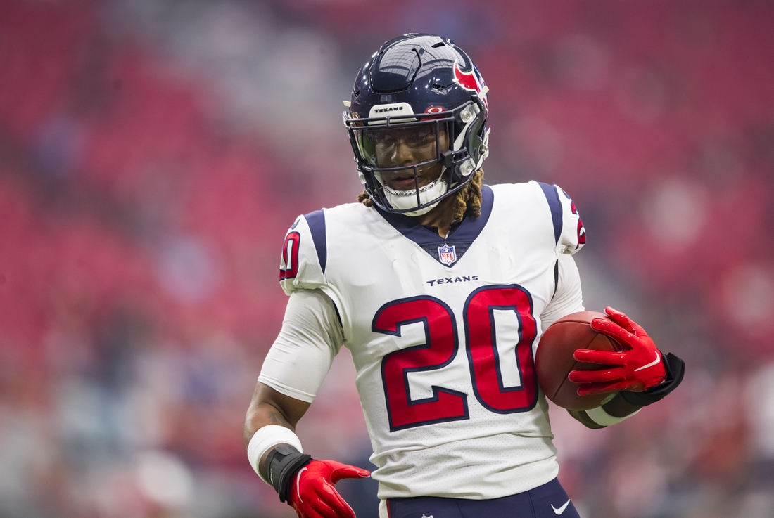 Oct 24, 2021; Glendale, Arizona, USA; Houston Texans safety Justin Reid (20) against the Arizona Cardinals at State Farm Stadium. Mandatory Credit: Mark J. Rebilas-USA TODAY Sports