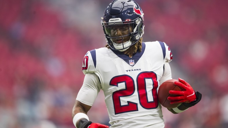 Oct 24, 2021; Glendale, Arizona, USA; Houston Texans safety Justin Reid (20) against the Arizona Cardinals at State Farm Stadium. Mandatory Credit: Mark J. Rebilas-USA TODAY Sports