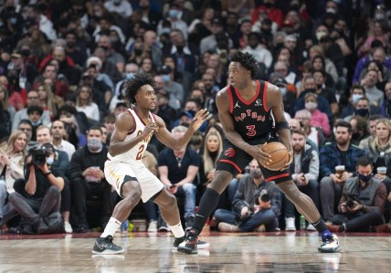 Nov 5, 2021; Toronto, Ontario, CAN; Toronto Raptors forward OG Anunoby (3) controls the ball as Cleveland Cavaliers guard Collin Sexton (2) tries to defend during the second quarter at Scotiabank Arena. Mandatory Credit: Nick Turchiaro-USA TODAY Sports