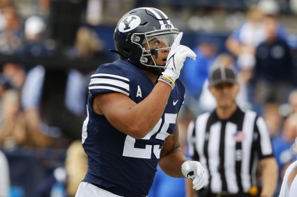Nov 6, 2021; Provo, Utah, USA; Brigham Young Cougars running back Tyler Allgeier (25) reacts after his first quarter touchdown against the Idaho State Bengals at LaVell Edwards Stadium. Mandatory Credit: Jeffrey Swinger-USA TODAY Sports