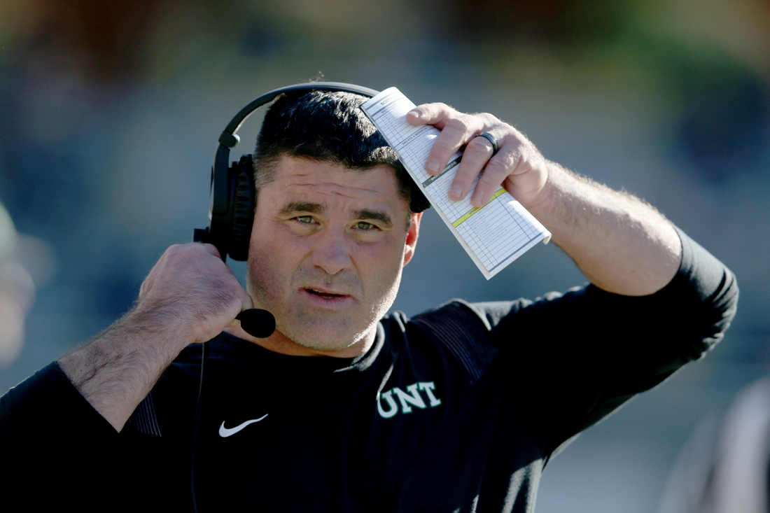 Nov 6, 2021; Hattiesburg, Mississippi, USA; North Texas Mean Green head coach Seth Littrell in the second half against the Southern Miss Golden Eagles at M.M. Roberts Stadium. Mandatory Credit: Chuck Cook-USA TODAY Sports