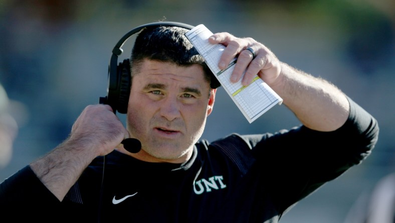 Nov 6, 2021; Hattiesburg, Mississippi, USA; North Texas Mean Green head coach Seth Littrell in the second half against the Southern Miss Golden Eagles at M.M. Roberts Stadium. Mandatory Credit: Chuck Cook-USA TODAY Sports