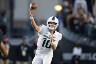 Nov 6, 2021; West Lafayette, Indiana, USA; Michigan State Spartans quarterback Payton Thorne (10) passes the ball  in the second half against the Purdue Boilermakers at Ross-Ade Stadium. Mandatory Credit: Trevor Ruszkowski-USA TODAY Sports