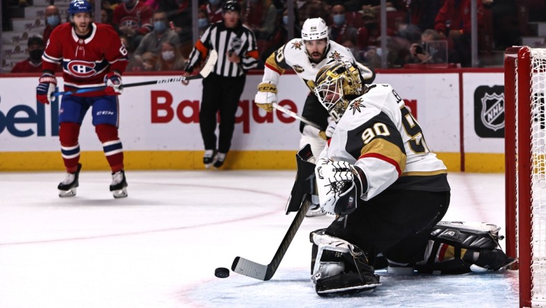 Nov 6, 2021; Montreal, Quebec, CAN; Vegas Golden Knights goaltender Robin Lehner (90) makes a save against Montreal Canadiens during the first period at Bell Centre. Mandatory Credit: Jean-Yves Ahern-USA TODAY Sports