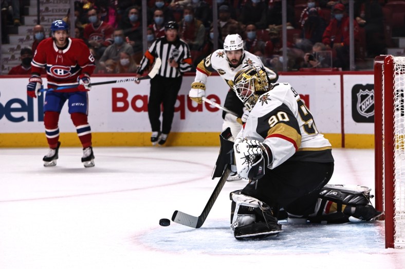 Nov 6, 2021; Montreal, Quebec, CAN; Vegas Golden Knights goaltender Robin Lehner (90) makes a save against Montreal Canadiens during the first period at Bell Centre. Mandatory Credit: Jean-Yves Ahern-USA TODAY Sports