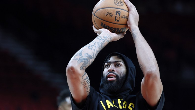 Nov 6, 2021; Portland, Oregon, USA; Los Angeles Lakers power forward Anthony Davis (3) warms up prior to a game against the Portland Trail Blazers at Moda Center. Mandatory Credit: Soobum Im-USA TODAY Sports