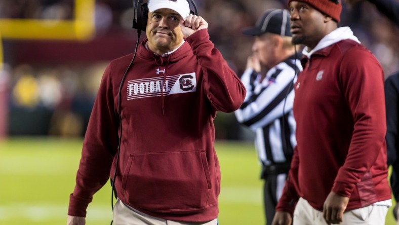 Nov 6, 2021; Columbia, South Carolina, USA; South Carolina Gamecocks head coach Shane Beamer reacts after a play against the Florida Gators in the second quarter at Williams-Brice Stadium. Mandatory Credit: Jeff Blake-USA TODAY Sports