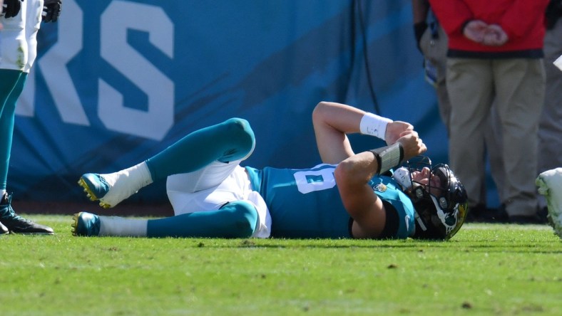 Jacksonville Jaguars quarterback Trevor Lawrence (16) on the turf after a second quarter injury. The Jaguars were tied with the Bills 6 to 6 at the end of the first half. The Jacksonville Jaguars hosted the Buffalo Bills at TIAA Bank Field in Jacksonville, FL, Sunday, November 7, 2021. [Bob Self/Florida Times-Union]

Jki 110721 Bsjagsvsbuffalo 2