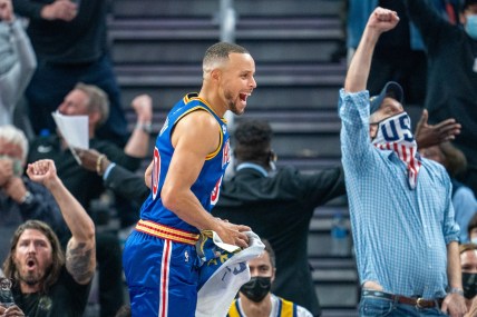 Nov 7, 2021; San Francisco, California, USA;  Golden State Warriors guard Stephen Curry (30) celebrates after Golden State Warriors forward Otto Porter Jr. (not pictured) makes another three point basket against the Houston Rockets at Chase Center. Mandatory Credit: Neville E. Guard-USA TODAY Sports