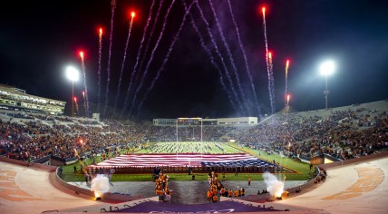 Nov 6, 2021; El Paso, Texas, USA; The UTEP marching band and color guard are seen as fireworks burst before a game between the UTEP Miners and the UTSA Roadrunners at Sun Bowl stadium. UTSA won 44-23. Mandatory Credit: Ivan Pierre Aguirre-USA TODAY Sports