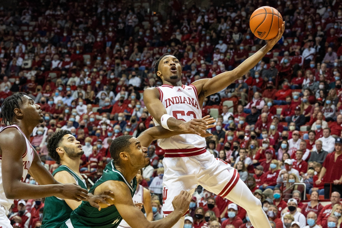 Nov 9, 2021; Bloomington, Indiana, USA; Indiana Hoosiers guard Tamar Bates (53) shoots the ball while Eastern Michigan Eagles guard Noah Farrakhan (5) defends  in the first half at Simon Skjodt Assembly Hall. Mandatory Credit: Trevor Ruszkowski-USA TODAY Sports