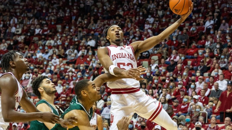 Nov 9, 2021; Bloomington, Indiana, USA; Indiana Hoosiers guard Tamar Bates (53) shoots the ball while Eastern Michigan Eagles guard Noah Farrakhan (5) defends  in the first half at Simon Skjodt Assembly Hall. Mandatory Credit: Trevor Ruszkowski-USA TODAY Sports