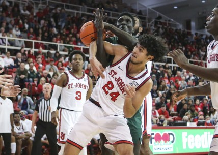 Nov 9, 2021; Queens, New York, USA;  St. John's Red Storm guard Rafael Pinzon (24) and Mississippi Valley State Delta Devils forward John Aguer (14) battle for a rebound in the first half at Carnesecca Arena. Mandatory Credit: Wendell Cruz-USA TODAY Sports