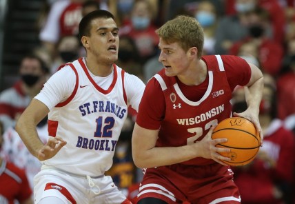 Nov 9, 2021; Madison, Wisconsin, USA; Wisconsin Badgers forward Steven Crowl (22) works the ball against St. Francis Terriers forward Vuk Stevanic (12) at the Kohl Center. Mandatory Credit: Mary Langenfeld-USA TODAY Sports