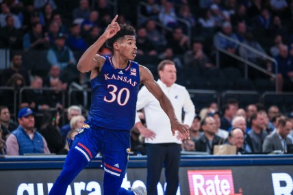 Nov 9, 2021; New York, New York, USA; Kansas Jayhawks guard Ochai Agbaji (30) calls for the ball during the second half against the Michigan State Spartans at Madison Square Garden. Mandatory Credit: Vincent Carchietta-USA TODAY Sports