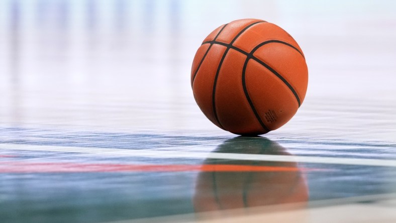 Nov 9, 2021; Coral Gables, Florida, USA; A general view of a basketball on the court during the first half between the Miami Hurricanes and the Canisius Golden Griffins at Watsco Center. Mandatory Credit: Jasen Vinlove-USA TODAY Sports