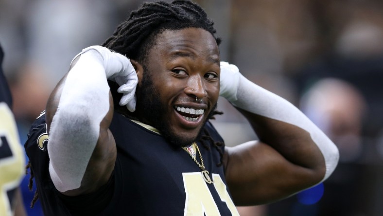 Nov 7, 2021; New Orleans, Louisiana, USA; New Orleans Saints running back Alvin Kamara (41) during the first quarter against the Atlanta Falcons at the Caesars Superdome. Mandatory Credit: Chuck Cook-USA TODAY Sports