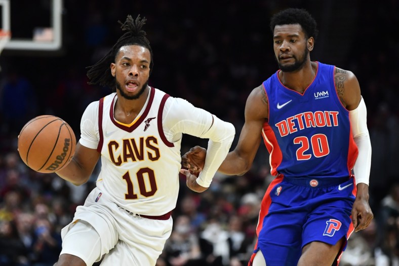 Nov 12, 2021; Cleveland, Ohio, USA; Cleveland Cavaliers guard Darius Garland (10) drives to the basket against Detroit Pistons guard Josh Jackson (20) during the second half at Rocket Mortgage FieldHouse. Mandatory Credit: Ken Blaze-USA TODAY Sports