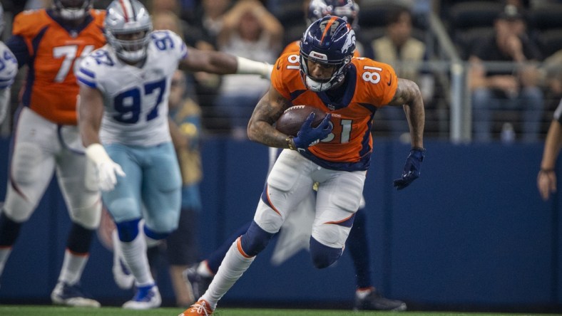 Nov 7, 2021; Arlington, Texas, USA; Denver Broncos wide receiver Tim Patrick (81) in action during the game between the Dallas Cowboys and the Denver Broncos at AT&T Stadium. Mandatory Credit: Jerome Miron-USA TODAY Sports