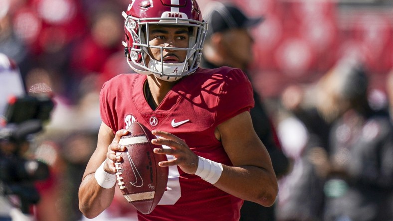 Nov 13, 2021; Tuscaloosa, Alabama, USA;  Alabama Crimson Tide quarterback Bryce Young (9) prior to the game against the New Mexico State Aggies at Bryant-Denny Stadium. Mandatory Credit: Marvin Gentry-USA TODAY Sports