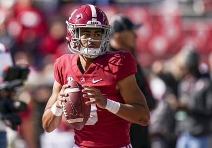Nov 13, 2021; Tuscaloosa, Alabama, USA;  Alabama Crimson Tide quarterback Bryce Young (9) prior to the game against the New Mexico State Aggies at Bryant-Denny Stadium. Mandatory Credit: Marvin Gentry-USA TODAY Sports