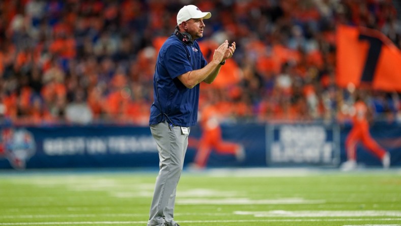 Nov 13, 2021; San Antonio, Texas, USA;  UTSA Roadrunners head coach Jeff Traylor looks on in the second half against the Southern Miss Golden Eagles at the Alamodome. Mandatory Credit: Daniel Dunn-USA TODAY Sports